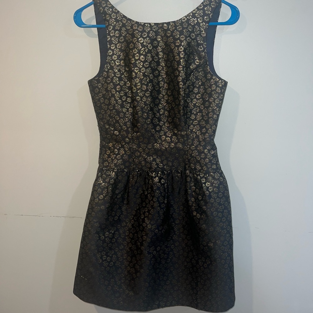 Jcrew Navy and Gold Floral print fit and flare dress, size 00